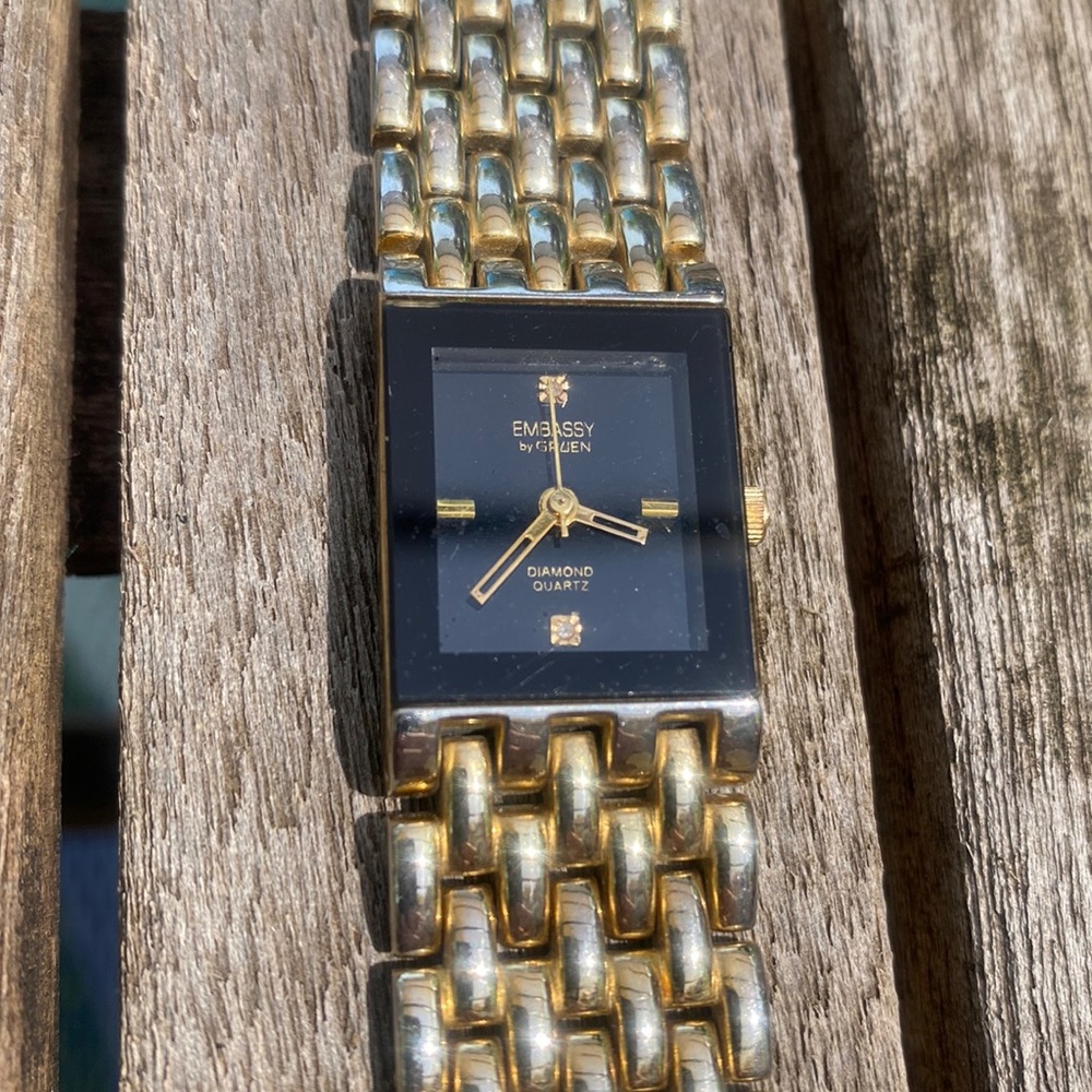 Embassy by Gruen Gold Tone Diamond Quartz Womens Watch Black Dial GEM2411L